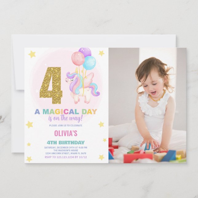 4th Birthday Unicorn Birthday Invitations photo (Front)