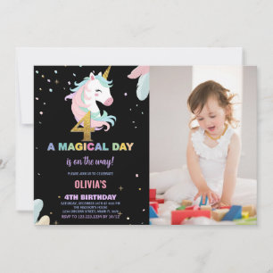 4th Birthday Unicorn Birthday Invitations w photo