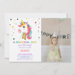 4th Birthday Unicorn Birthday Invitations w photo