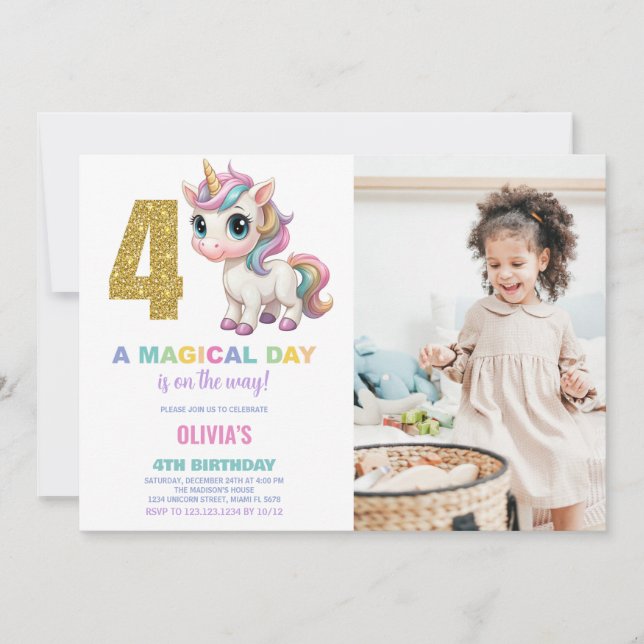 4th Birthday Unicorn Birthday Invitations w photo (Front)