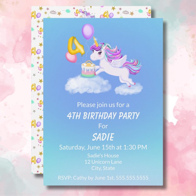 4th Birthday Unicorn With Cake Invitation (Creator Uploaded)