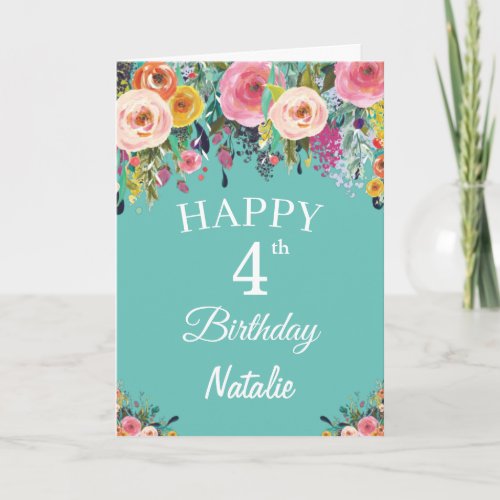 4th Birthday Watercolor Floral Flowers Teal Card