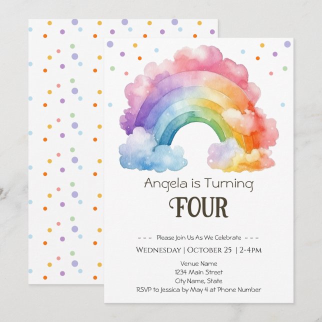 4th Birthday Watercolor Rainbow Kids  Invitation (Front/Back)