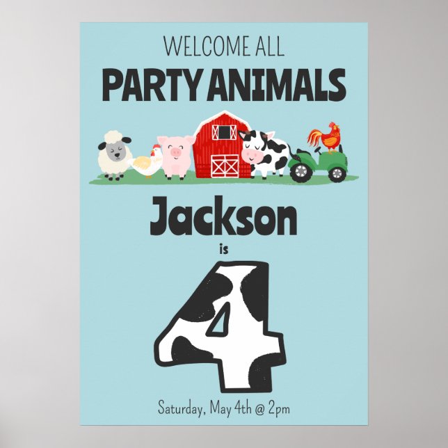 4th Birthday Welcome Party Animals Farm Poster (Front)