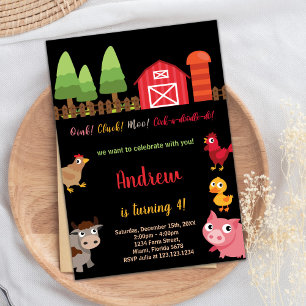4th Black Red Farm Animals Birthday Invitations