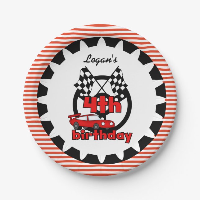 4th Car Racing Happy Birthday Paper Plates (Front)