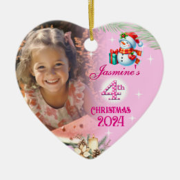 4th Christmas Personalized Girl Photo Heart Gift Ceramic Ornament