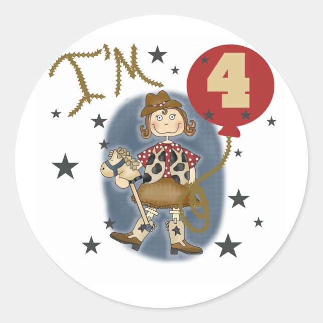 4th Cowgirl Birthday Tshirts and Gifts Classic Round Sticker (Front)