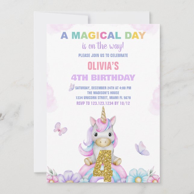 4th Floral Unicorn Birthday Invitations (Front)