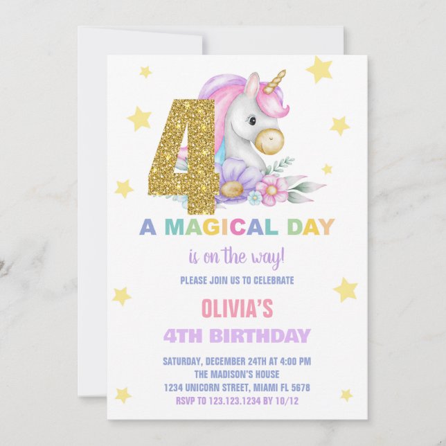 4th Floral Unicorn Birthday Invitations (Front)