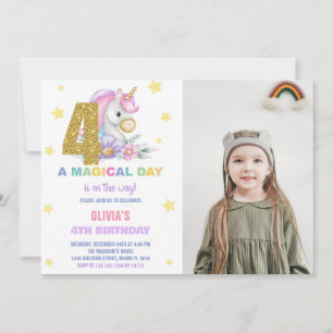 4th Floral Unicorn Birthday Invitations with Photo