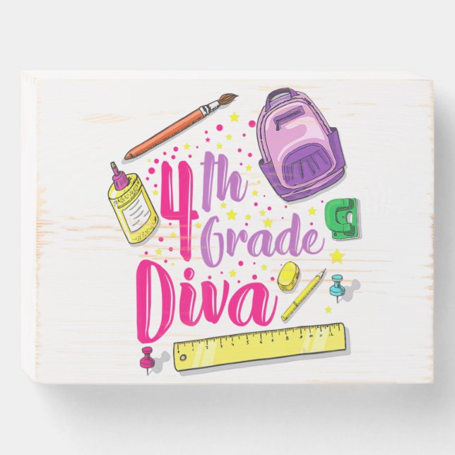 4th Grade Diva Shirt First Day of School Girl Clot Wooden Box Sign (Front Horizontal)