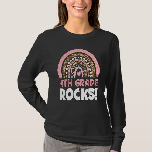 4th Grade Rocks Teacher Girls Boys Rainbow Leopard T_Shirt