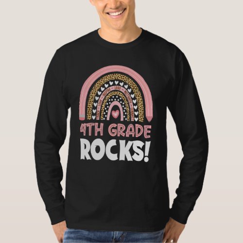4th Grade Rocks Teacher Girls Boys Rainbow Leopard T_Shirt