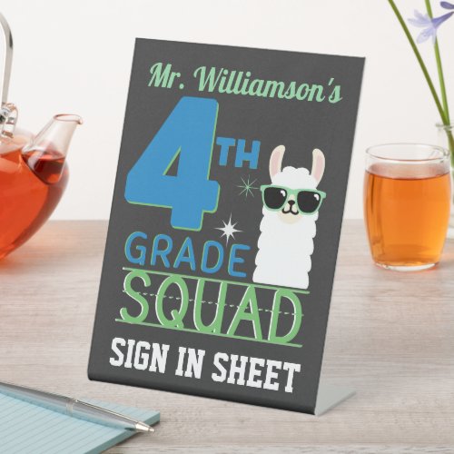 4th Grade Squad  Cute Llama Blue  Green Pedestal Sign