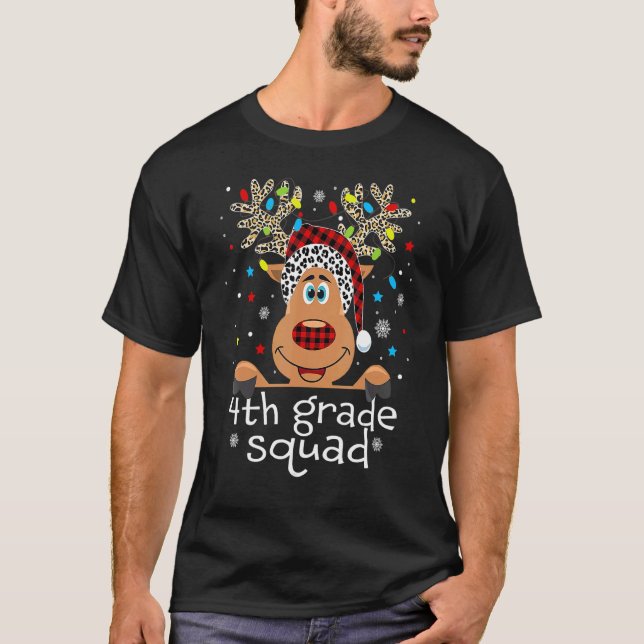 4th Grade Squad Plaid Reindeer Santa Hat Teacher C T-Shirt (Front)