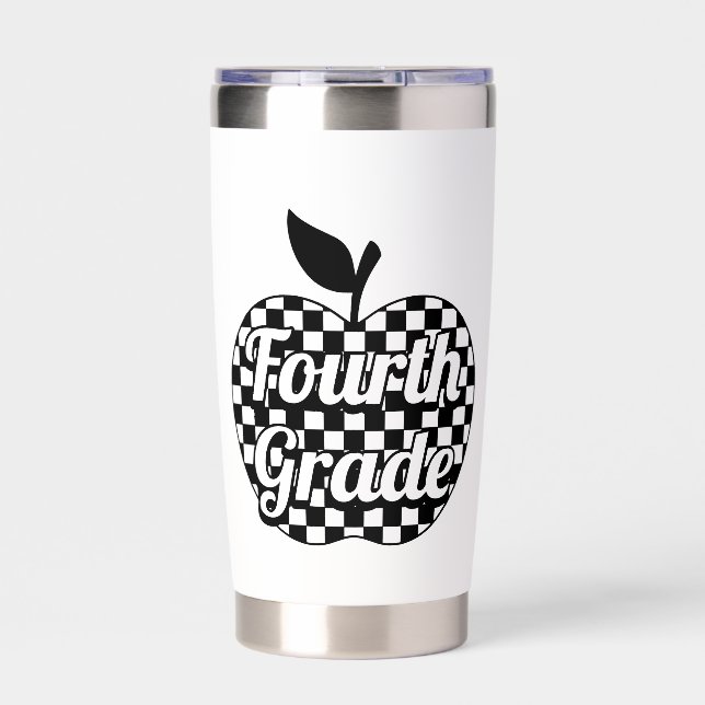 4th Grade Teacher Checkered Apple Insulated Tumbler (Front)