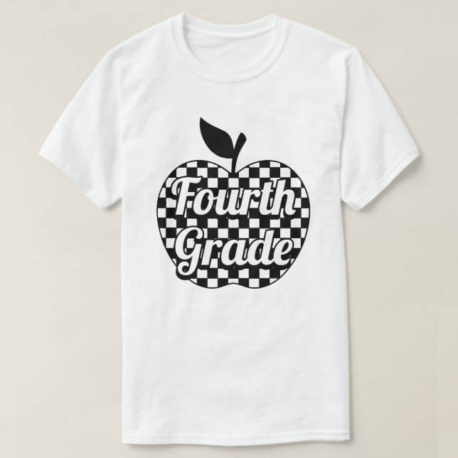4th Grade Teacher Checkered Apple T-Shirt (Design Front)