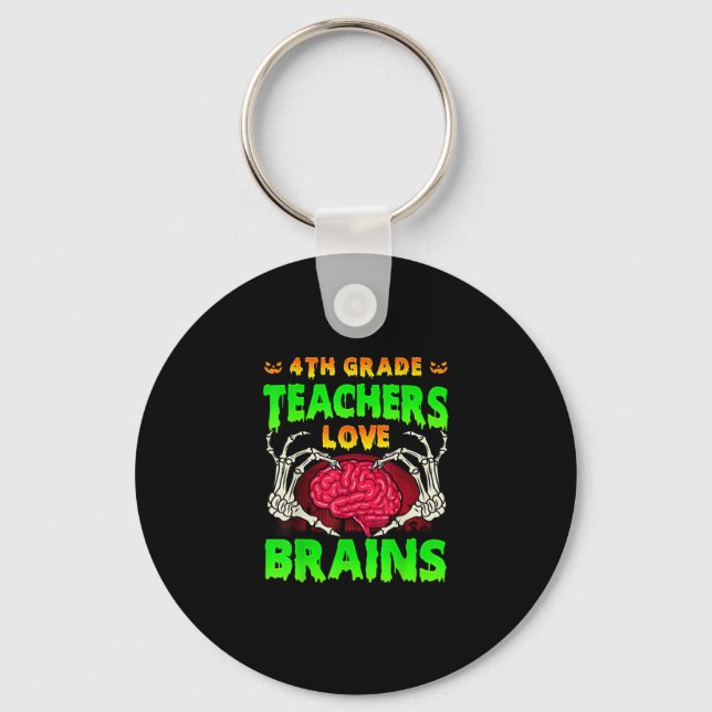 4th Grade Teacher Skeleton Heart Hands Halloween L Keychain (Front)