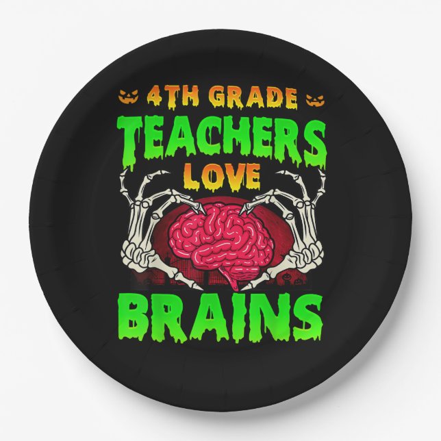 4th Grade Teacher Skeleton Heart Hands Halloween L Paper Plates (Front)