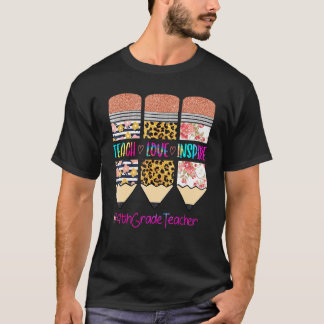 4th Grade Teacher Teach Love Inspire Pencil Leopar T-Shirt