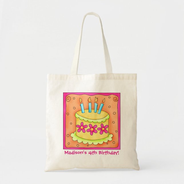 4th Happy Birthday Cake Name Personalize Girl Gift Tote Bag (Front)