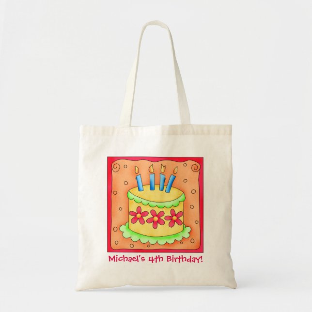 4th Happy Birthday Cake Name Personalized Boy Gift Tote Bag (Front)