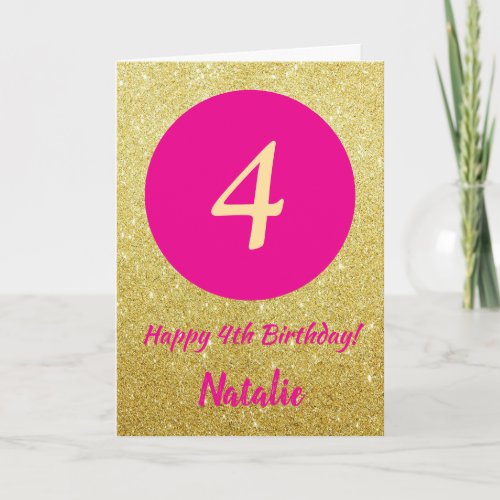 4th Happy Birthday Hot Pink and Gold Glitter Card