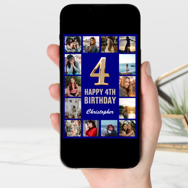 4th Happy Birthday Navy Blue & Gold Photo Collage Card (Front Digital)