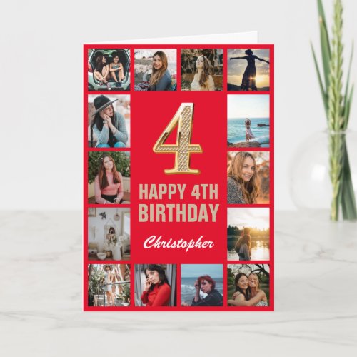 4th Happy Birthday Red and Gold Photo Collage Card