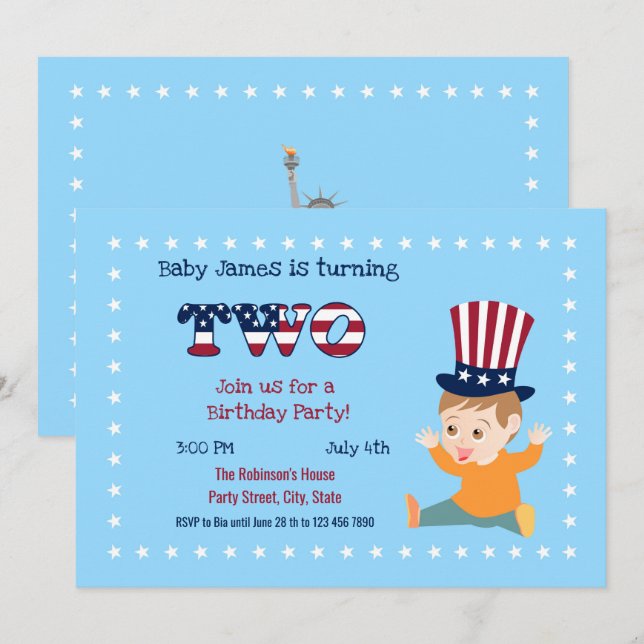 4th July 2nd Birthday Baby Boy Party Invitation (Front/Back)