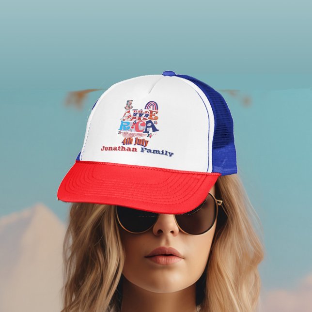 4th July America Independence Day Flag Family Name Trucker Hat (4th July Balloon American Flag Patriotic Family Trucker Hat)