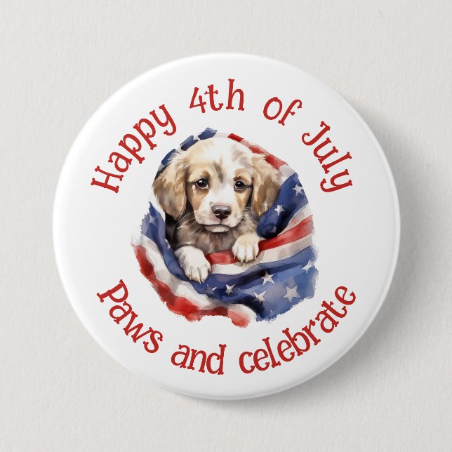 4th July American Flag Cute Puppy  Button (Front)