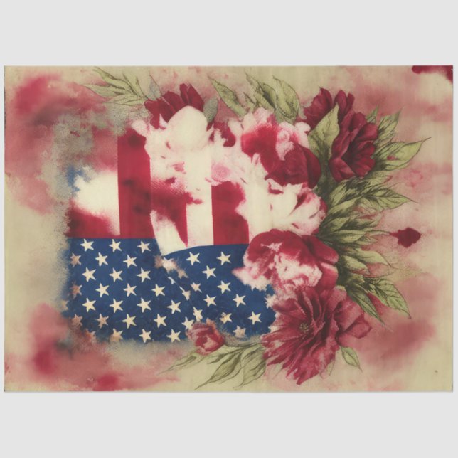 4th July American Independence Flag Red Peonies Tissue Paper (Front)