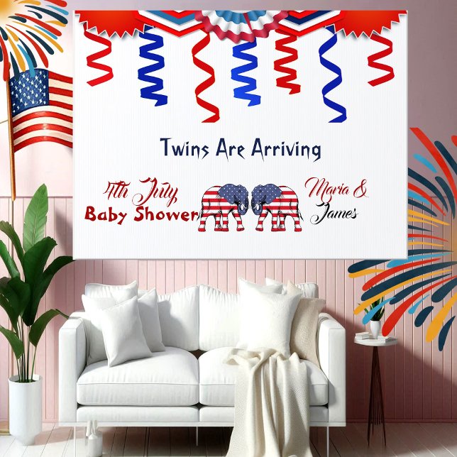  4th July Baby Shower Elephant Twins Arriving Sign (4th July Baby Shower Elephant Twins Arriving Sign)