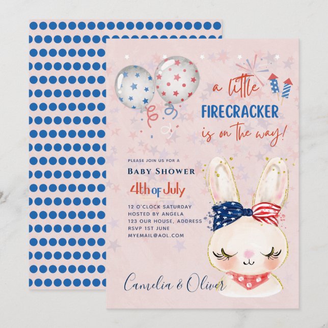 4th July BABY SHOWER INVITE Firecracker Bunny (Front/Back)
