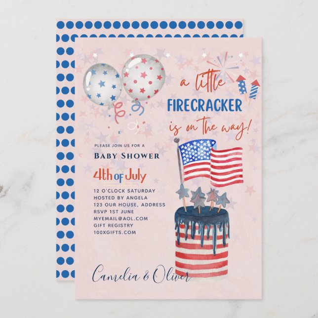 4th July BABY SHOWER INVITE Firecracker Cake Flag (Front/Back)