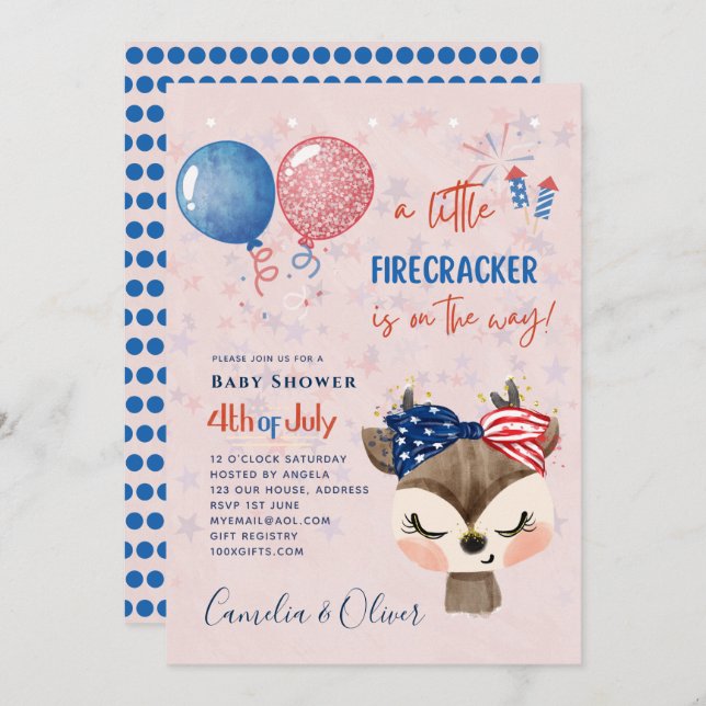 4th July BABY SHOWER INVITE Firecracker Deer (Front/Back)