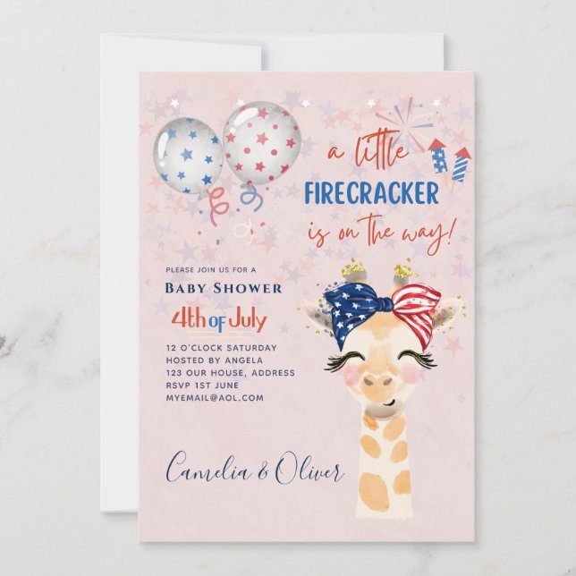 4th July BABY SHOWER INVITE Firecracker Giraffe (Front)