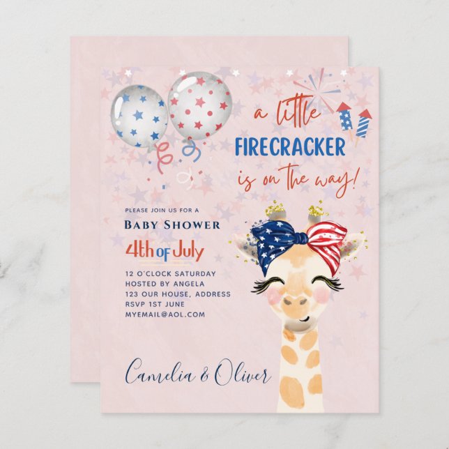 4th July BABY SHOWER INVITE Firecracker Giraffe (Front/Back)
