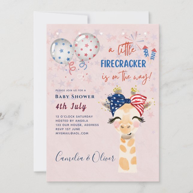 4th July BABY SHOWER INVITE Firecracker Giraffe (Front)