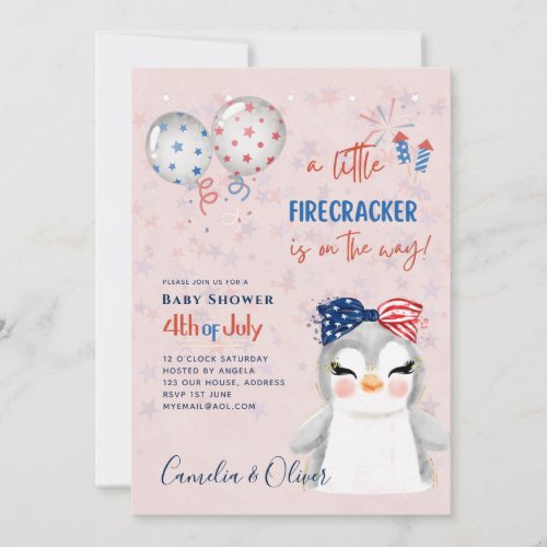 4th July BABY SHOWER INVITE Firecracker Penguin