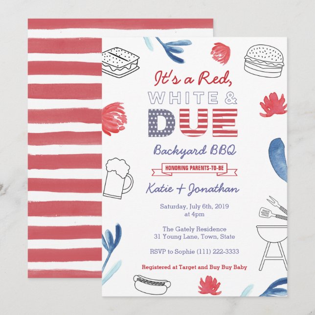 4th July Baby Shower Red White Blue Backyard BBQ Invitation (Front/Back)