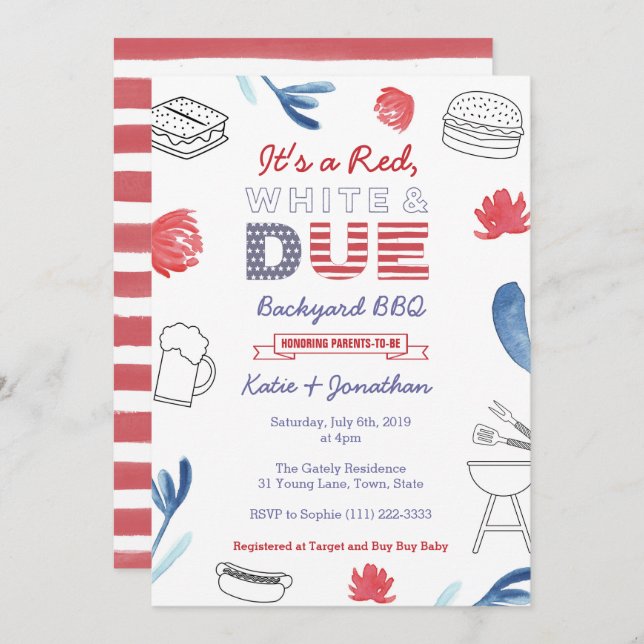 4th July Baby Shower Red White Blue Backyard BBQ Invitation (Front/Back)