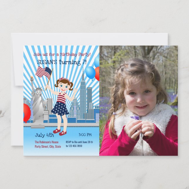 4th July Birthday Girl Party Photo  Invitation (Front)