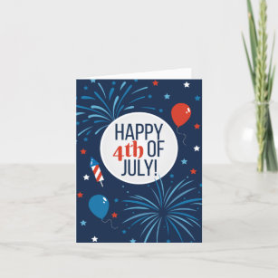 4th July Card Fireworks Blue Red Flag