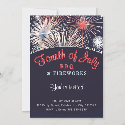 4th July Fireworks BBQ Red White Blue Party Invitation