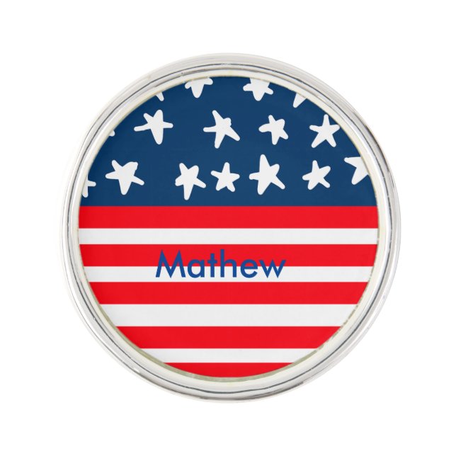 4th july independence day add name text US flag Lapel Pin (Front)