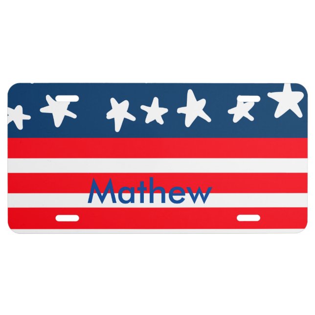 4th july independence day add name text US flag License Plate (Front)