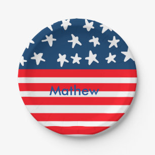 4th july independence day add name text US flag Paper Plates